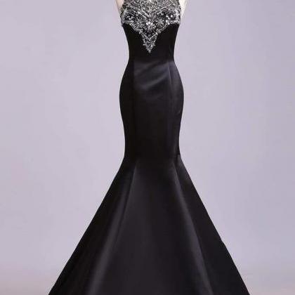 Black Mermaid Sleeveless Beaded Satin Prom Dress..