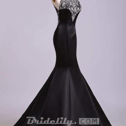 Black Mermaid Sleeveless Beaded Satin Prom Dress..