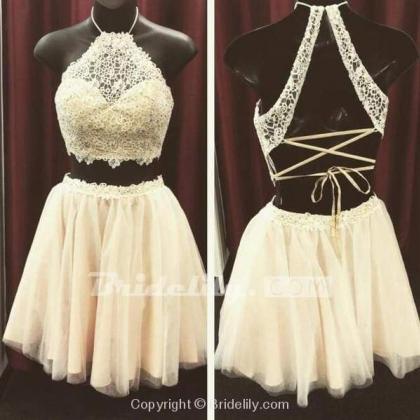 Awesome Awesome Beige Two Pieces Lace Top Halter..