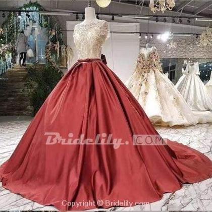 Ball Gown Satin Prom Dress Beading Long Formal..