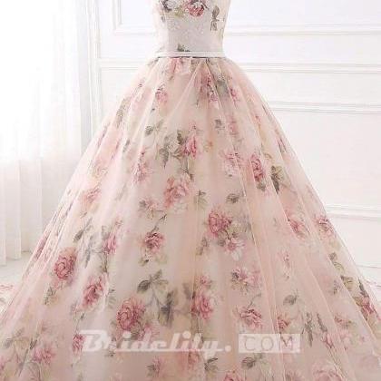 Ball Gown Print Prom Lace Up Back Appliques Long..