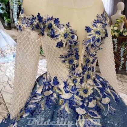 Ball Gown Prom Dresses Sheer Neck Long Sleeves..