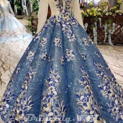 Ball Gown Prom Dresses Sheer Neck Long Sleeves..