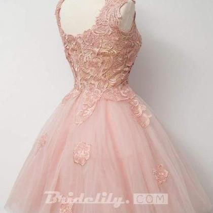 A-line V-neck Pink Cocktail Tulle Homecoming Dress..