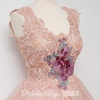 A-line V-neck Pink Cocktail Tulle Homecoming Dress..