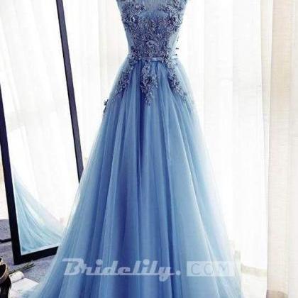 Appliques A-line Sleeveless Ice Blue Tulle Prom..