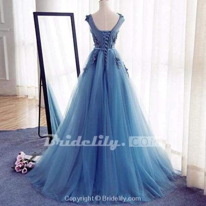 Appliques A-line Sleeveless Ice Blue Tulle Prom..