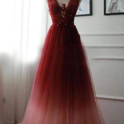 A Line V Neck Tulle Ombre Prom Dress Appliqued..