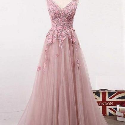 A Line V Neck Sleeveless Tulle Long With Flowers..