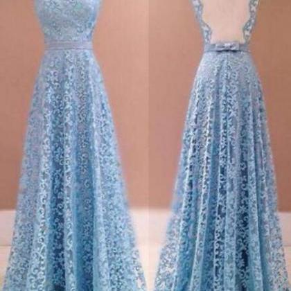 A-line Blue Sleeveless Lace Floor-length Prom Sexy..