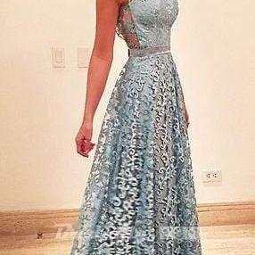 A-line Blue Sleeveless Lace Floor-length Prom Sexy..