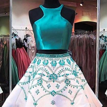 A Line Two Piece Turquoise Homecoming With Beading..