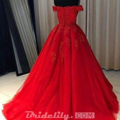 A-line Red Off The Shoulder Prom Dress With Lace..