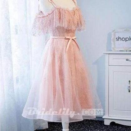 A Line Pink Tulle Lace Homecoming Dress Cute Short..