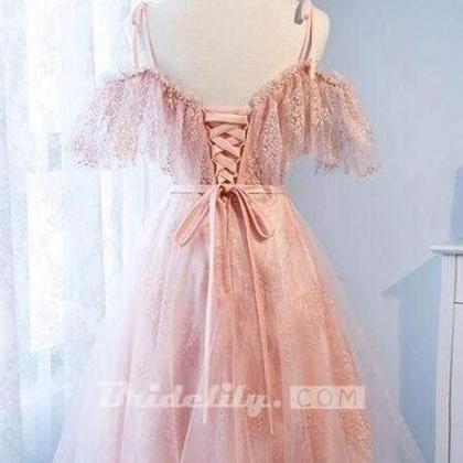 A Line Pink Tulle Lace Homecoming Dress Cute Short..