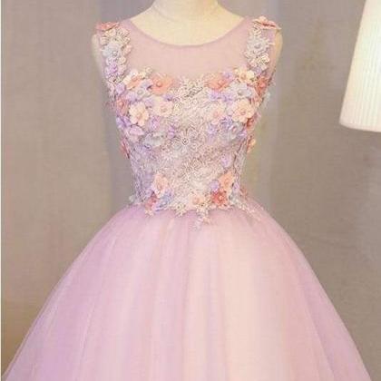 A Line Pink Tulle Homecoming Flowers Short Prom..