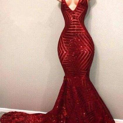 Bridelily Red Sequins Shiny V Neck Mermaid Long..