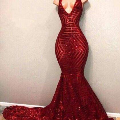 Bridelily Red Sequins Shiny V Neck Mermaid Long..