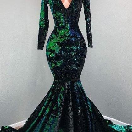Gorgeous V-Neck Long-Sleeve Mermaid Floor-Length Prom Dresses with Sequins