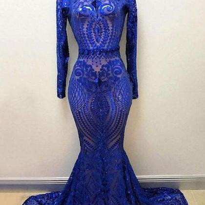 High Neck Long Sleeve Sequin Royal Blue Mermaid..
