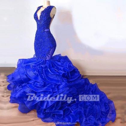 Royal Blue Mermaid Long Ruffles Prom Dresses