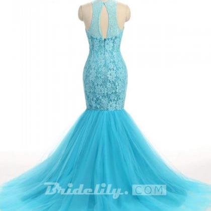 Baby Blue Lace O Neck Long Mermaid Prom Dress