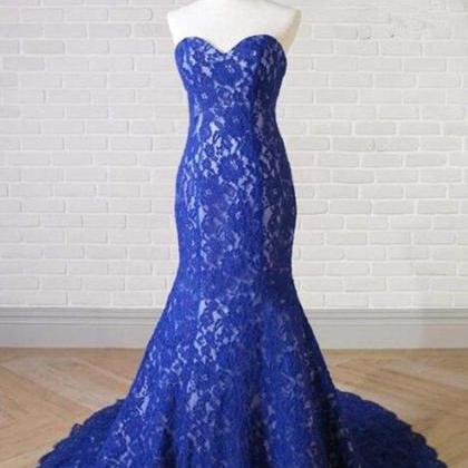 Sweetheart Neck Royal Blue Lace Long Mermaid Prom..