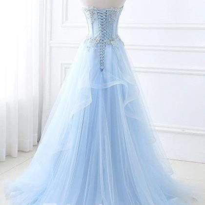 Lace-up Appliques Tulle Long A-line Prom Dress