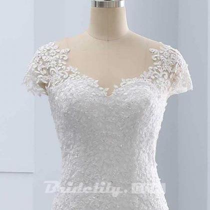 Cap Sleeves Lace Mermaid Tulle Wedding Dresses