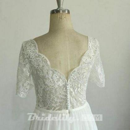 Bridelily Short Sleeve V-neck Lace Chiffon Wedding..
