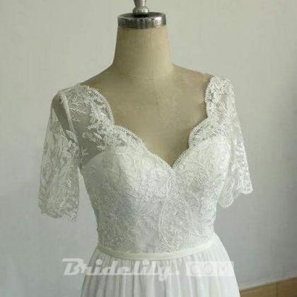 Bridelily Short Sleeve V-neck Lace Chiffon Wedding..