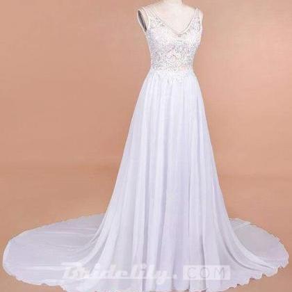 Open Back V-neck Lace Chiffon Wedding Dress