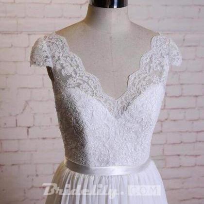 Cap Sleeve A-line Lace Chiffon Wedding Dress