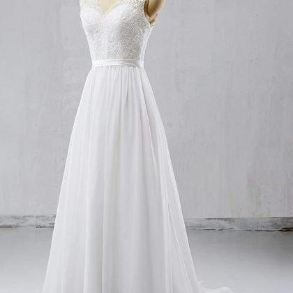 V-neck Lace Chiffon Flowy A-line Wedding Dress