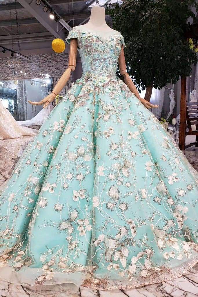Big Sheer Neck Puffy Prom Cap Sleeves Fairy Tale Lace Dress with Beading