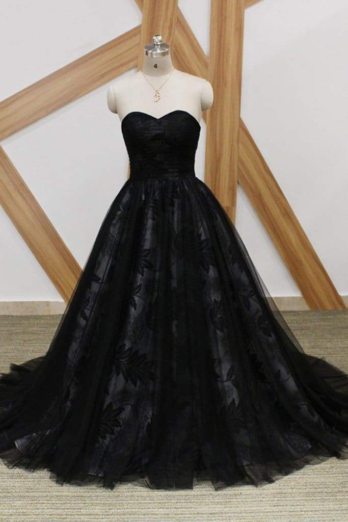 Black Lace Strapless Sweet 16 Prom Long Tulle Graduation Dress