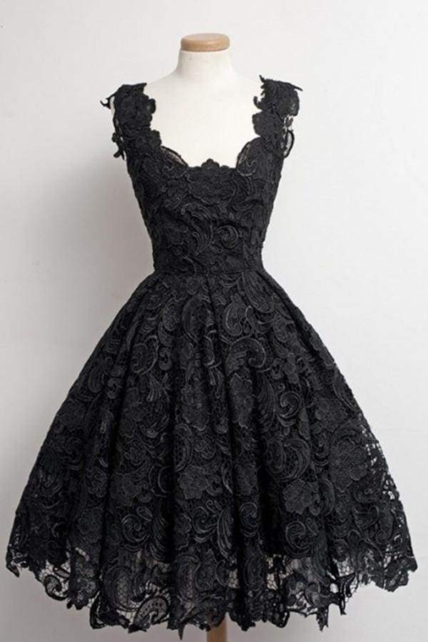 Black Lace Strap Prom Homecoming Dress