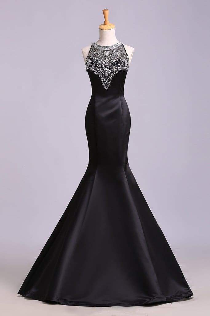 Black Mermaid Sleeveless Beaded Satin Prom Dress Long Evening Dresses