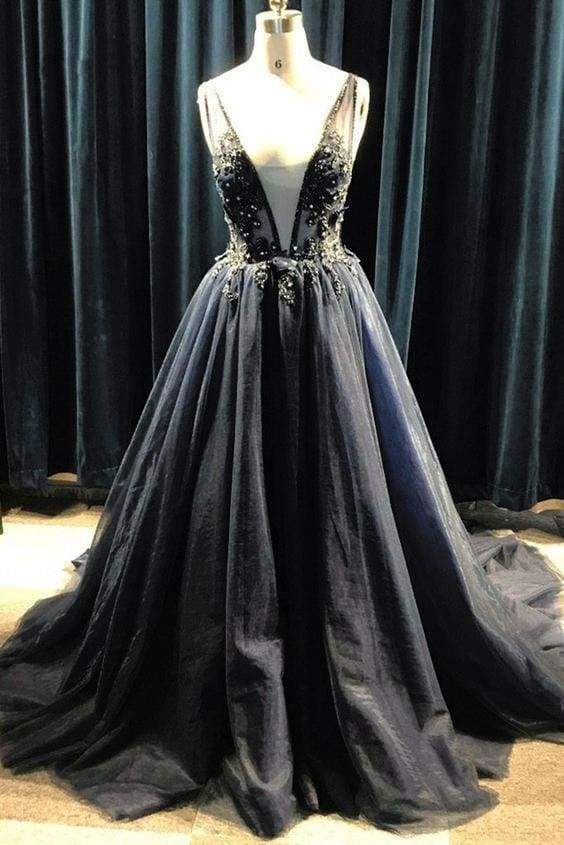 Black Tulle Deep V Neck Long Beaded Prom With Appliques Puffy Formal ...