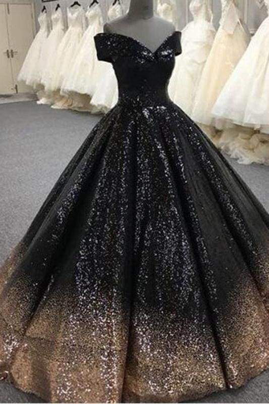 Bling Sequins Black Ball Prom Dresses Off Shoulder Formal Gown Masquerade
