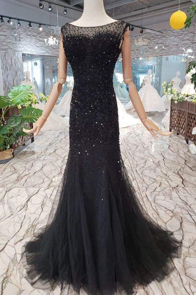 Black Mermaid Tulle Prom Dress With Sequins Sparkly Sleeveless Evening Dresses