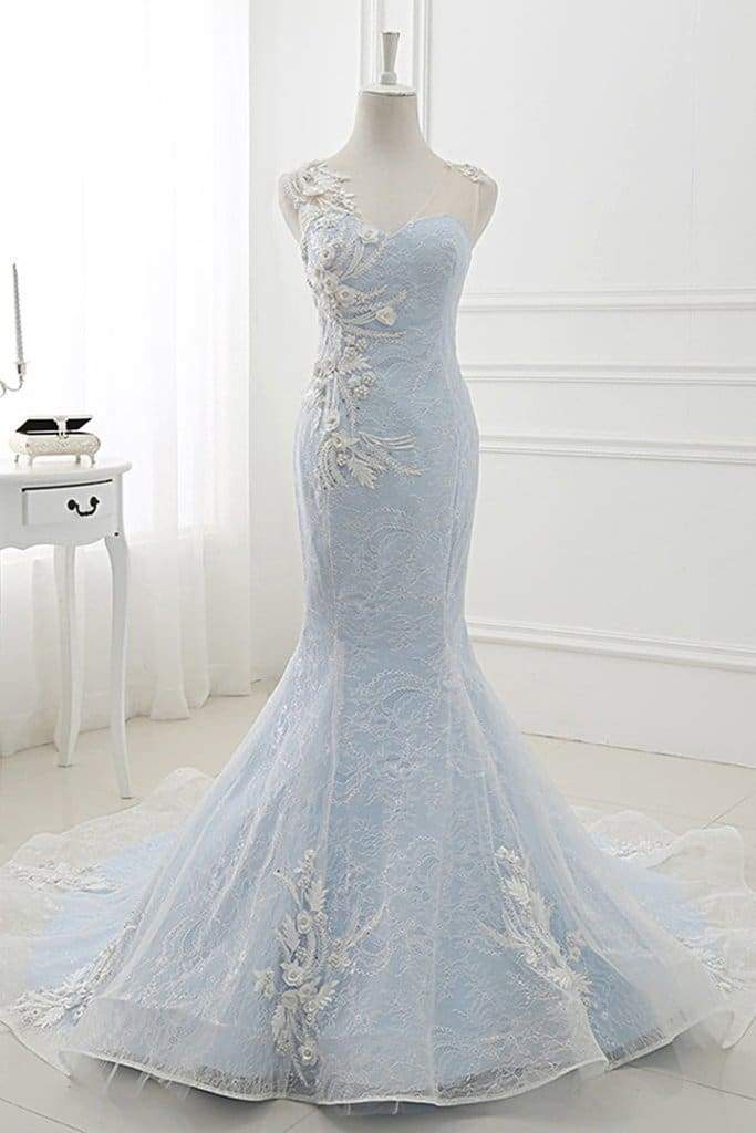 Awesome Fascinating Modest Baby Blue Sweep Train Lace Mermaid Evening Dresses Formal Dress With Applique