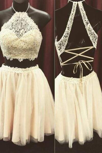 Awesome Awesome Beige Two Pieces Lace Top Halter Sleeveless Graduation Homecoming Dress For Teens