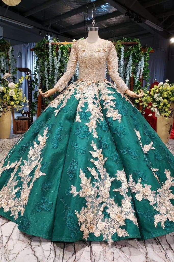Ball Gown Long Sleeves Floor Length Prom Dress With Appliques Quinceanera Dresses
