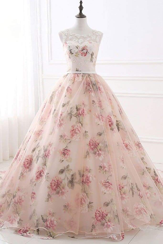 Ball Gown Print Prom Lace Up Back Appliques Long Quinceanera Dresses