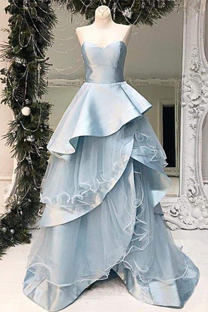 Baby Blue Layered Long A Line Evening Sweetheart Senior Prom Dress