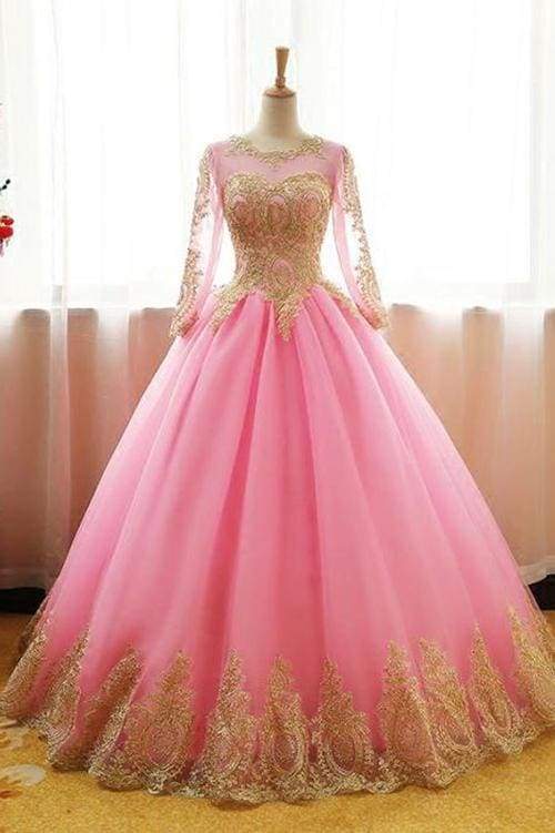Beautiful Precious Affordable Ball Gown Pink Tulle Prom With Gold Appliques Long Sleeves Quinceanera Dress