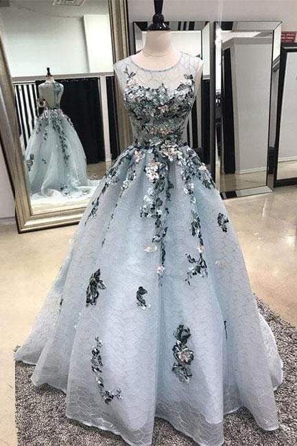 A-line Sleeveless Lace Long Prom Dress With Appliques Sweep Train Formal Dresses