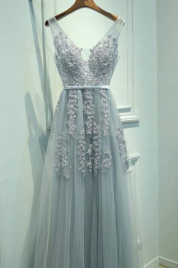 A-line V-neck Sleeveless Tulle Prom With Lace Appliques Long Homecoming Dress