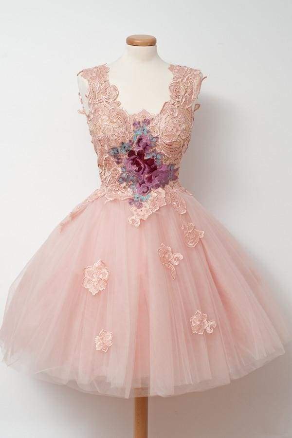 A-line V-neck Pink Cocktail Tulle Homecoming Dress With Appliques Short Prom Dresses